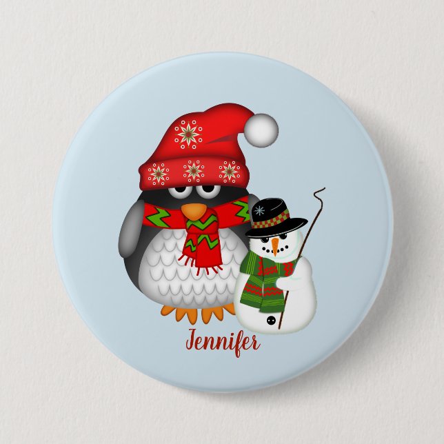 Christmas penguin and snowman with custom name 7.5 cm round badge (Front)