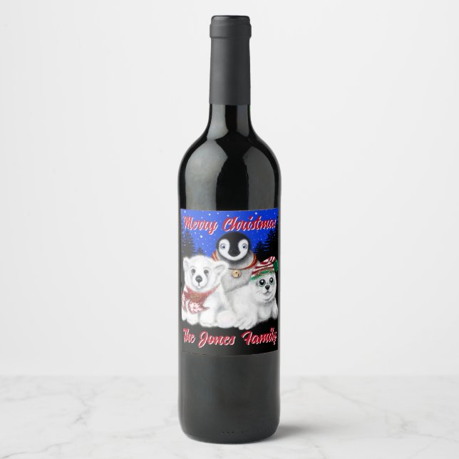 Christmas penguin baby polar bear seal personalise wine label (Front)