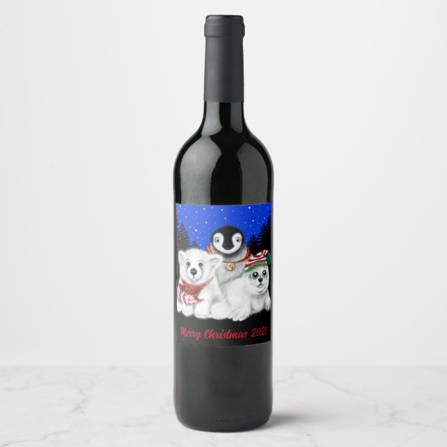 Christmas penguin baby polar bear seal pup  wine label (Front)
