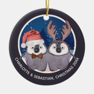 Christmas Penguin Couple Cute Santa and Reindeer Ceramic Tree Decoration