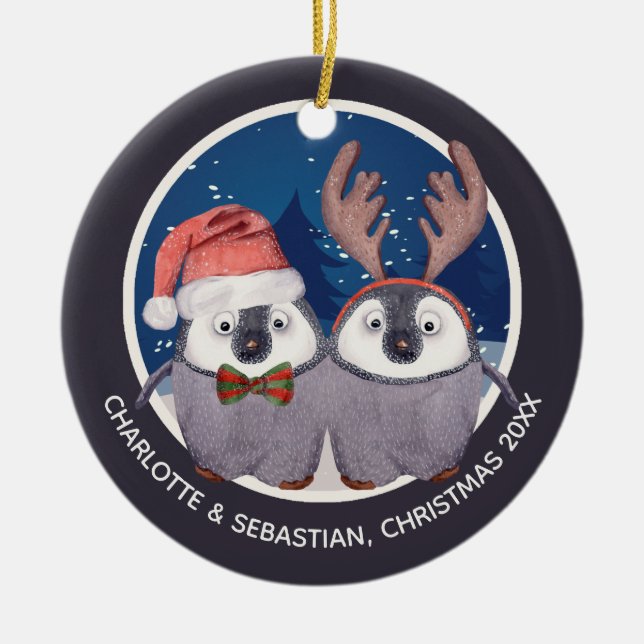 Christmas Penguin Couple Cute Santa and Reindeer Ceramic Tree Decoration (Front)