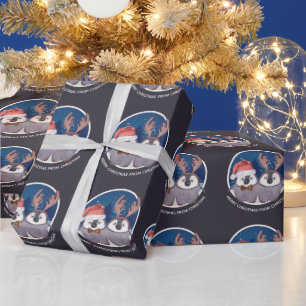 Christmas Penguin Couple Cute Santa and Reindeer Wrapping Paper