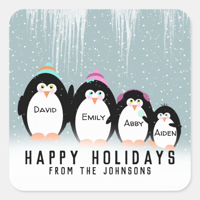 Christmas Penguin Family In Snow Square Sticker (Front)