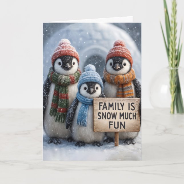 Christmas Penguin Family In Snowflakes Card (Front)
