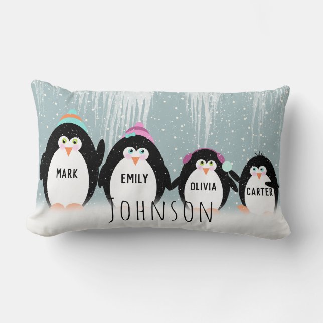 Christmas Penguin Family Throw Pillow (Front)