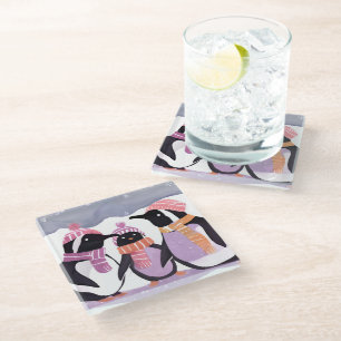 Christmas Penguin Friends Winter Watercolor Glass Coaster