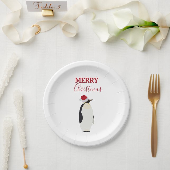 Christmas Penguin Funny Animal with Santa Hat  Paper Plate (Wedding)