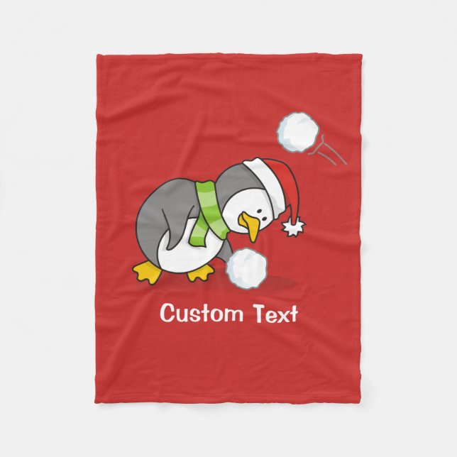 Christmas penguin getting a snow ball fleece blanket (Front)
