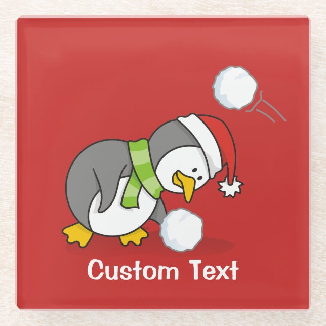 Christmas penguin getting a snow ball glass coaster (Front)