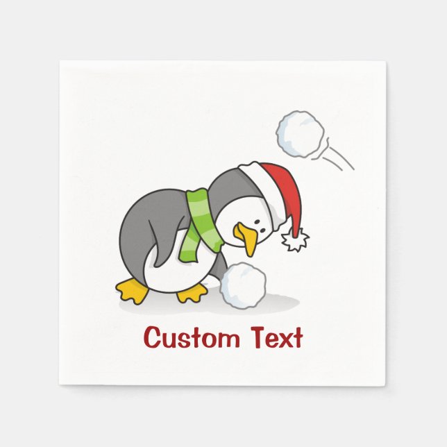 Christmas penguin getting a snow ball napkin (Front)