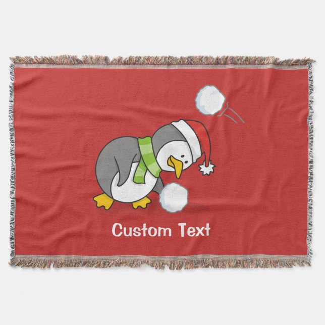 Christmas penguin getting a snow ball throw blanket (Front)