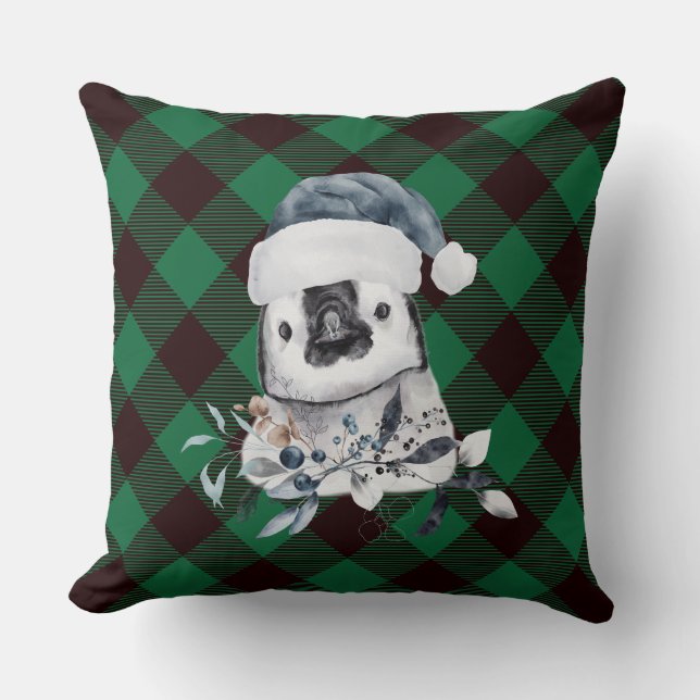 Christmas Penguin Green Plaid Chequered Pillow (Front)