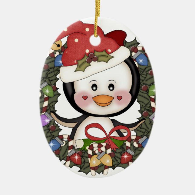 Christmas Penguin Holiday Wreath Ceramic Tree Decoration (Front)