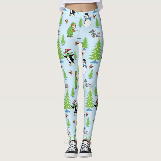 Christmas penguin ice skating and bear fisherman leggings (Front)