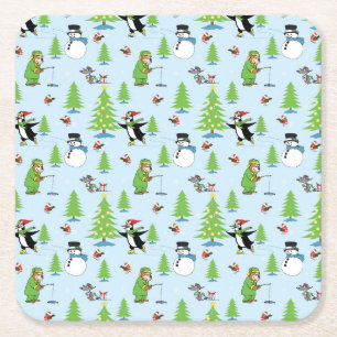 Christmas penguin ice skating and bear fisherman square paper coaster