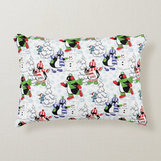 Christmas penguin ice skating decorative cushion (Front)