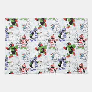 Christmas penguin ice skating tea towel
