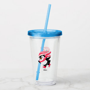 Christmas Penguin in a Hat and Scarf on Skates Acrylic Tumbler