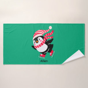 Christmas Penguin in a Hat and Scarf on Skates Bath Towel