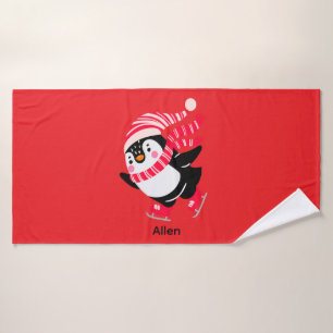 Christmas Penguin in a Hat and Scarf on Skates Bath Towel