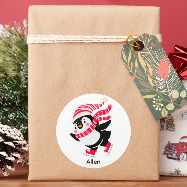 Christmas Penguin in a Hat and Scarf on Skates Classic Round Sticker (Holiday)