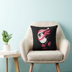 Christmas Penguin in a Hat and Scarf on Skates Cushion