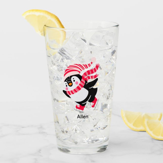 Christmas Penguin in a Hat and Scarf on Skates Glass (Front Ice)