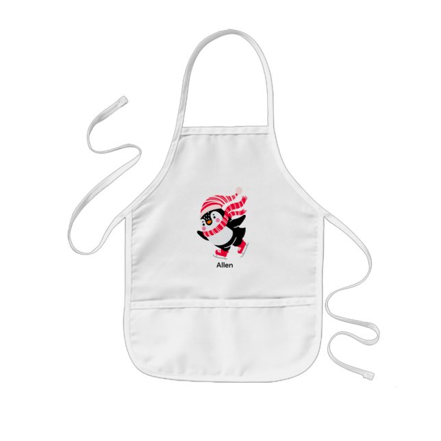 Christmas Penguin in a Hat and Scarf on Skates Kids Apron (Front)