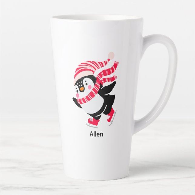 Christmas Penguin in a Hat and Scarf on Skates Latte Mug (Right)