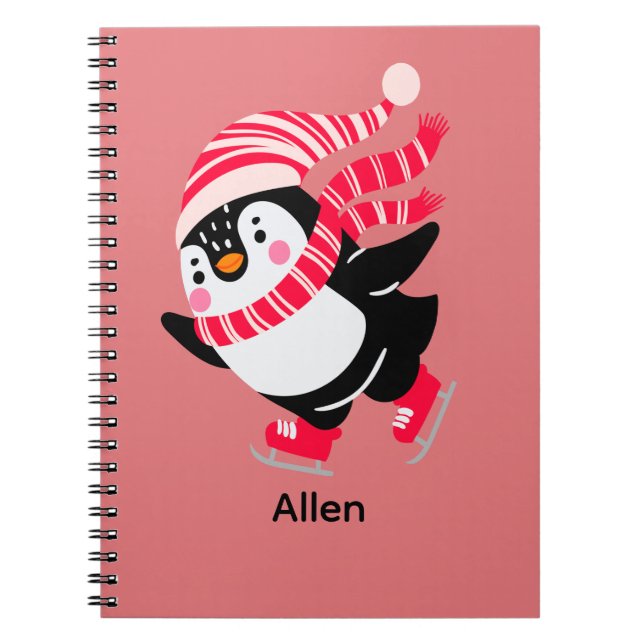 Christmas Penguin in a Hat and Scarf on Skates Notebook (Front)