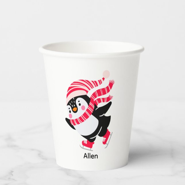 Christmas Penguin in a Hat and Scarf on Skates Paper Cups (Front)