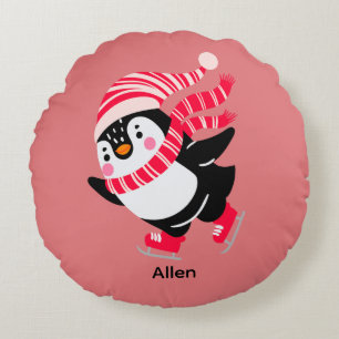 Christmas Penguin in a Hat and Scarf on Skates Round Cushion
