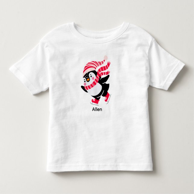 Christmas Penguin in a Hat and Scarf on Skates Toddler T-Shirt (Front)