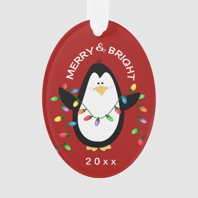 Christmas Penguin Merry 'n Bright Red Holiday Gift Ornament (Front)