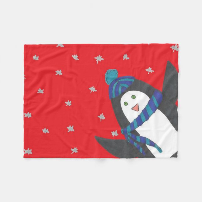Christmas Penguin on Red Fleece Blanket (Front (Horizontal))