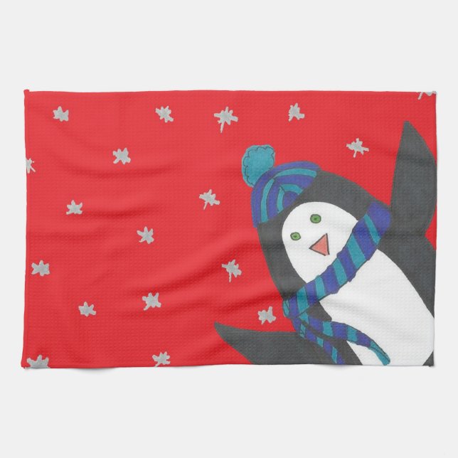 Christmas Penguin on Red Tea Towel (Horizontal)