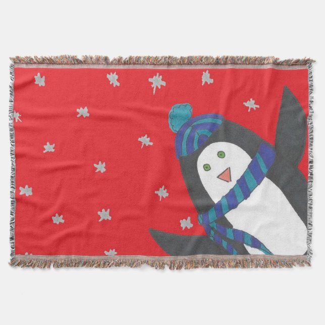Christmas Penguin on Red Throw Blanket (Front)