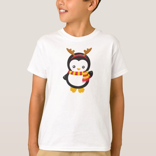 Christmas Penguin, Penguin With Scarf, Antlers T-Shirt (Front)