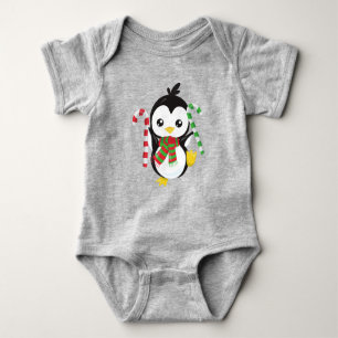 Christmas Penguin, Penguin With Scarf, Candy Cane Baby Bodysuit
