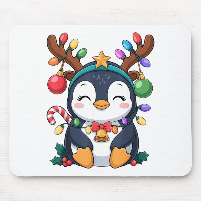 Christmas Penguin Reindeer Lights Holiday Animal K Mouse Pad (Front)