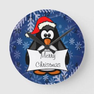 Christmas Penguin Round Clock