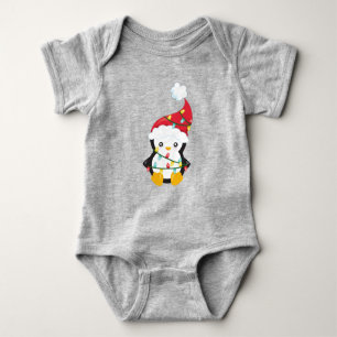 Christmas Penguin, Santa Hat, Christmas Lights Baby Bodysuit