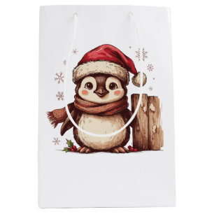 Christmas Penguin Santa Hat Scarf Snowflakes Wood Medium Gift Bag