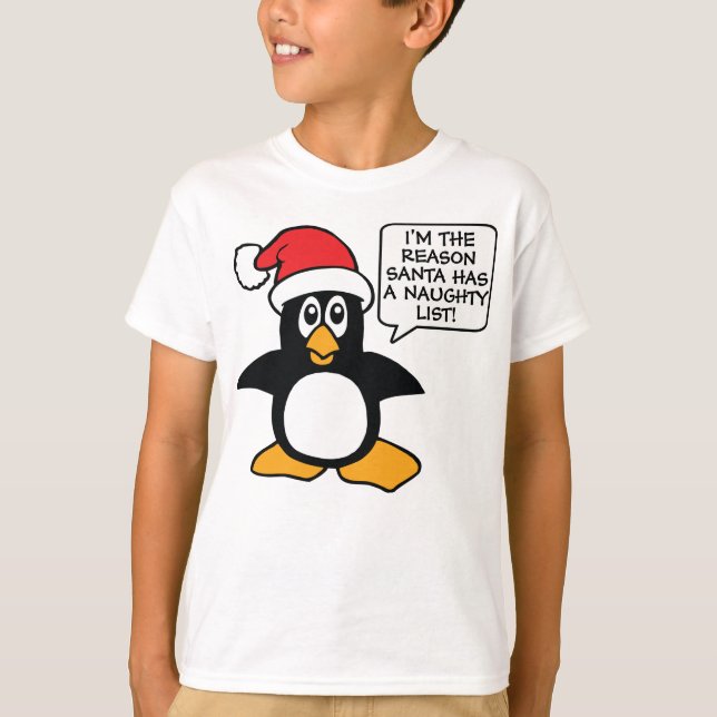 Christmas Penguin Santa Naughty List T-Shirt (Front)