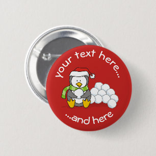 Christmas penguin sitting with snow balls 6 cm round badge