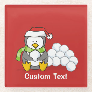 Christmas penguin sitting with snow balls glass coaster