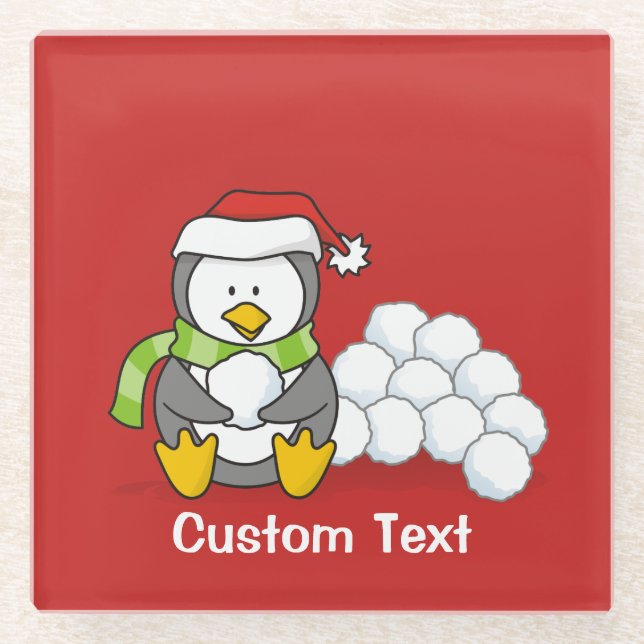 Christmas penguin sitting with snow balls glass coaster (Front)
