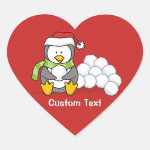 Christmas penguin sitting with snow balls heart sticker