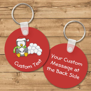 Christmas Penguin Sitting with Snow Balls Keychain