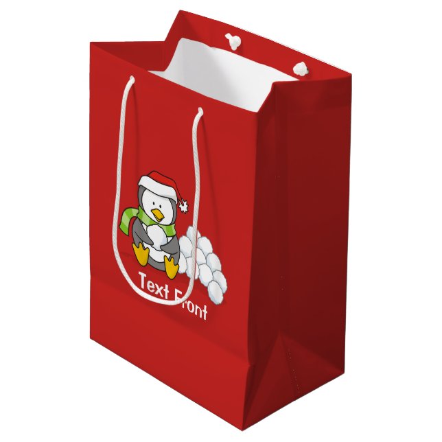 Christmas penguin sitting with snow balls medium gift bag (Front Angled)